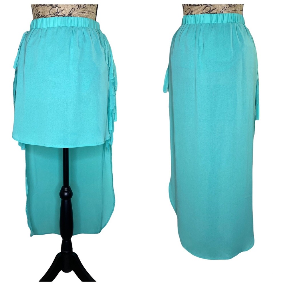 Sugar Lips Festival Breeze Skirt Aqua Color Fringe High Low Stretch NEW Size M